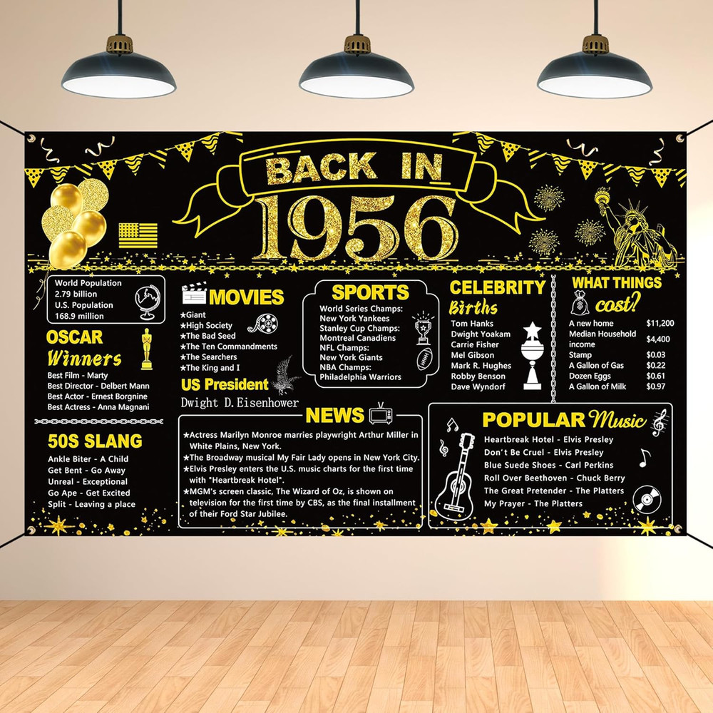 70Th Birthday Black Gold Party Decoration, Back in 1956 Banner 70 Year Old Birth