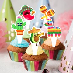32 PCS Mexican Fiesta Cupcake Toppers – Cactus Donkey Maraca Sombrero Taco for M