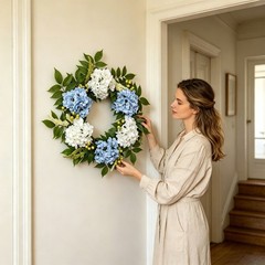 Beautiful White And Blue Hydrangea Wreath For Home Decoration Indoor Outdoor
