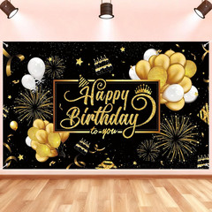 Happy Birthday Backdrop Banner, Black and Gold Birthdays Banner Backdrop, Hap…