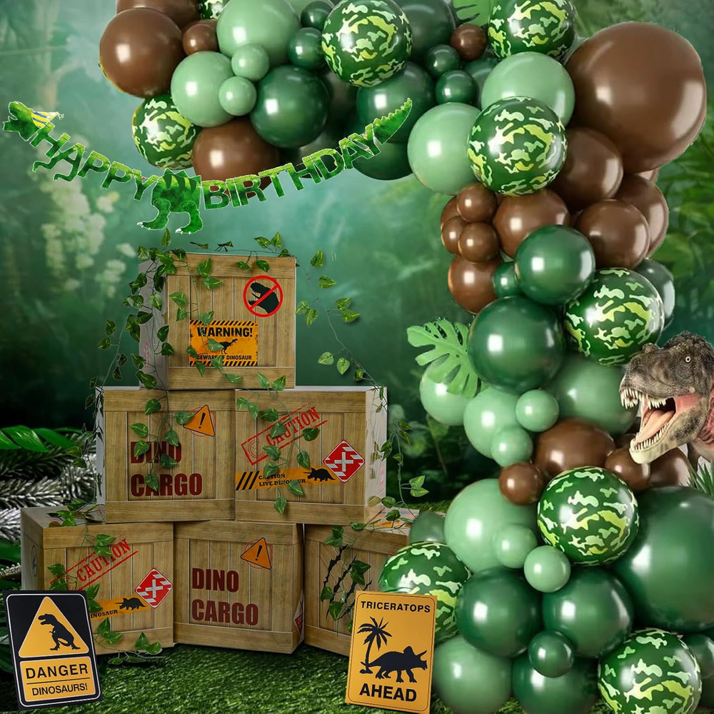 6 Pcs Dinosaur Party Decorations Kit with 12X12X12 Inch Theme Boxes, Banner, Bal