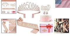 Complete 50th Birthday Decorations for Women: Sash, Crown & Glittery Cake Topper