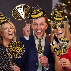 30 PCS Black Gold 2026 New Years Eve Photo Booth Props NYE Party Supplies
