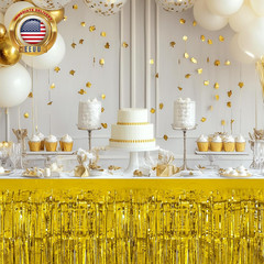 2 Pack Gold Table Skirts, 29X108″ Metallic Foil Tinsel Fringe Table Skirts for R