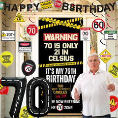 70Th Birthday Decorations Men Women, Caution Logo 70 Is Only 21 in Celsius Banne