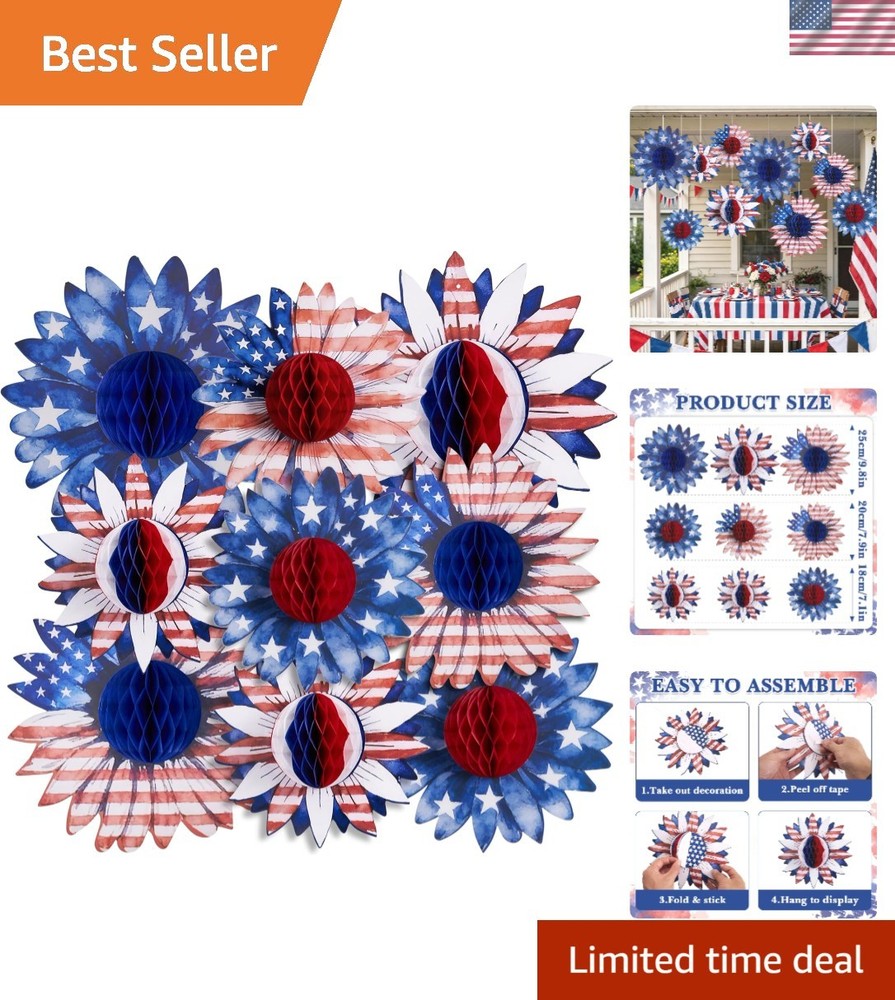 Multi-Sized Patriotic Honeycomb Ornaments for Independence Day – 9 Piece Set