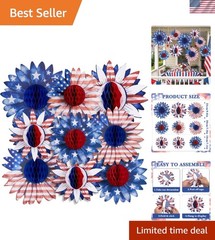 Multi-Sized Patriotic Honeycomb Ornaments for Independence Day – 9 Piece Set