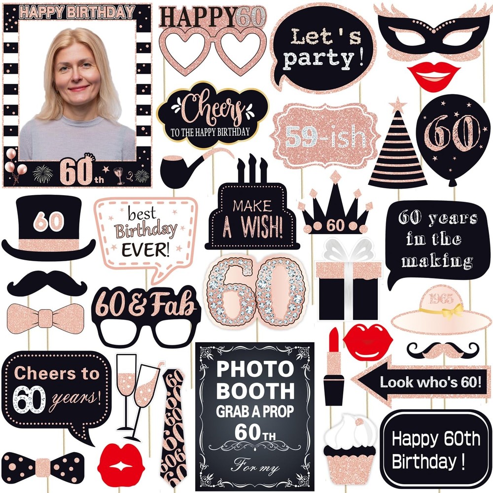 32 PCS Pink Rose Gold Black 60th Birthday Photo Booth Props Party Supplies