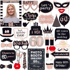 32 PCS Pink Rose Gold Black 60th Birthday Photo Booth Props Party Supplies