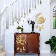 Lightweight Wooden Ramadan Signs: Decorative Moon & Stars for Home, 2 Pieces