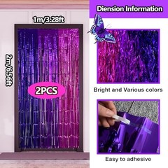 2 Pack Purple Pink Foil Fringe Curtains Streamers Backdrop for Music 6.6×6.6Ft