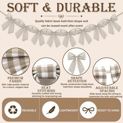8 ft Beige Gingham Bow Garland Decorations Natural Plaid Fabric Bow Banner Ha…