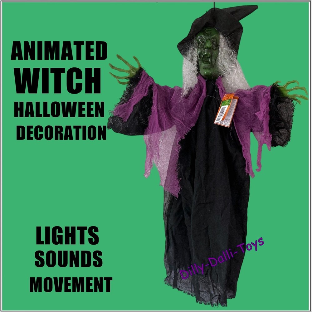 Animated Witch Hanging Halloween Decoration Light Up Sound Movement Moving Arms