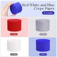 8 Rolls Patriotic Crepe Paper Streamers 1.8″x82′ each Red,White,Blue,Gray/Silver