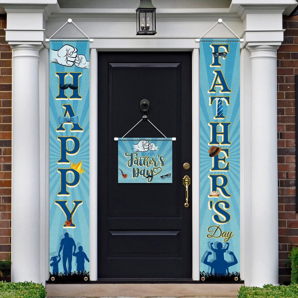 Fathers Day Decorations-Father Day Porch Sign,3pcs Blue Father Day Front Door Ha