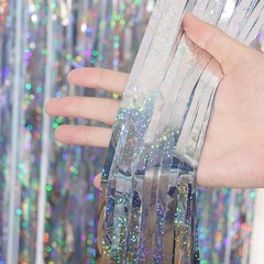 2 Pack Laser Silver Tinsel Foil Fringe Curtains, Metallic Party Streamers