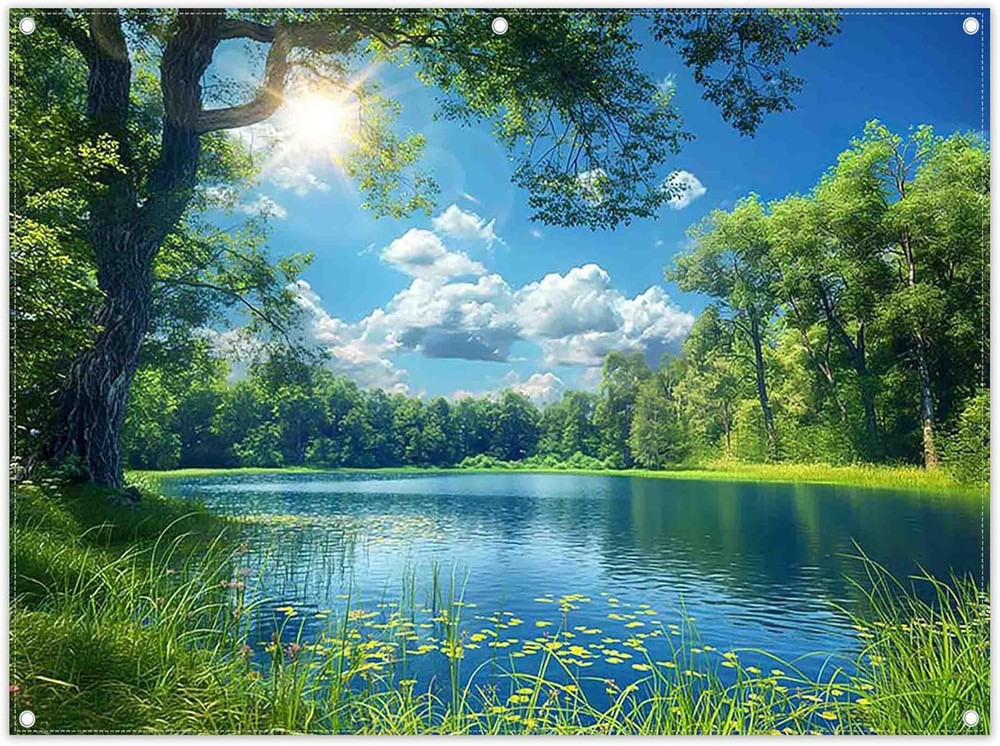 Fabric 8x6ft Lake Natural Scenery Backdrop River Forest Tree Blue Sky Bokeh