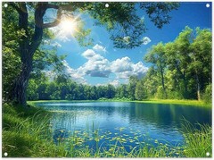 Fabric 8x6ft Lake Natural Scenery Backdrop River Forest Tree Blue Sky Bokeh