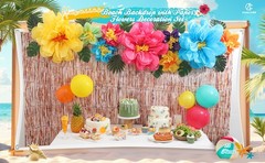 22 Pcs Hawaiian Beach Backdrop with Hawaii Paper Flowers Decorations Set 71 x 43