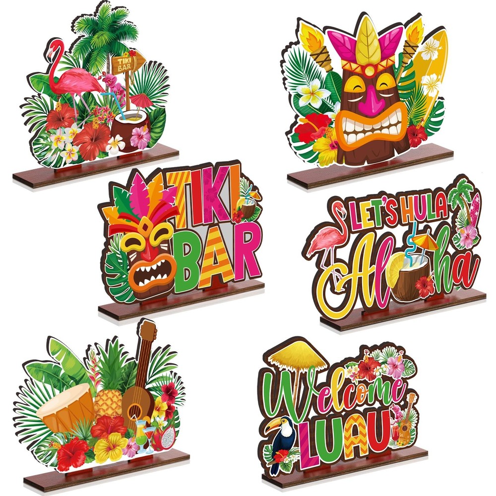6 Pcs Luau Table Decor Tiki Party Decorations Summer Wooden Sign Hawaiian Tab…