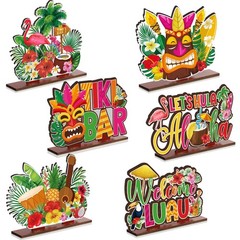 6 Pcs Luau Table Decor Tiki Party Decorations Summer Wooden Sign Hawaiian Tab…