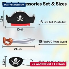 ZeeDix 48 Pcs Pirate Accessories for Kids, Include 16 Pirates Hats, 16 Eye Patch