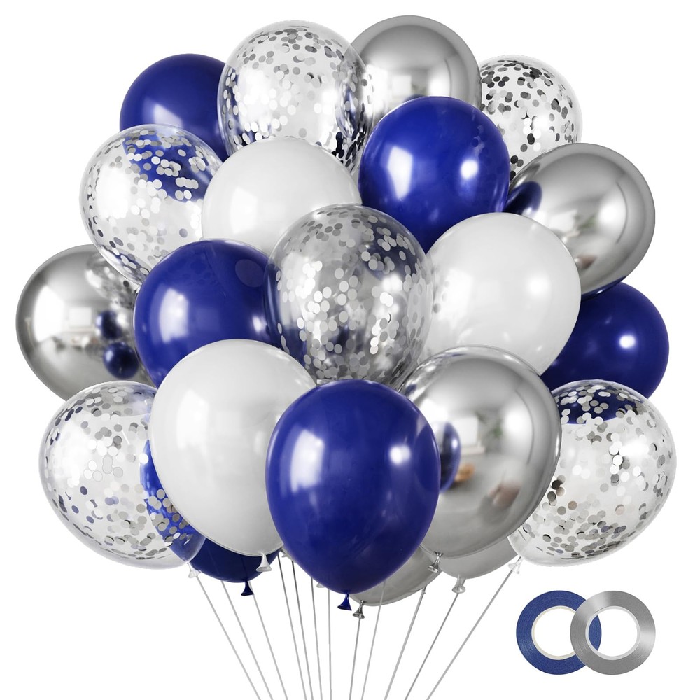 65pcs Navy Blue Silver Balloons, 12 Inches Navy Blue White Metallic Silver Ch…