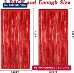 2 Pack Red Tinsel Backdrop, 3.28 FT x 7.05 FT Fringe Curtains, Red Foil Tinsel P