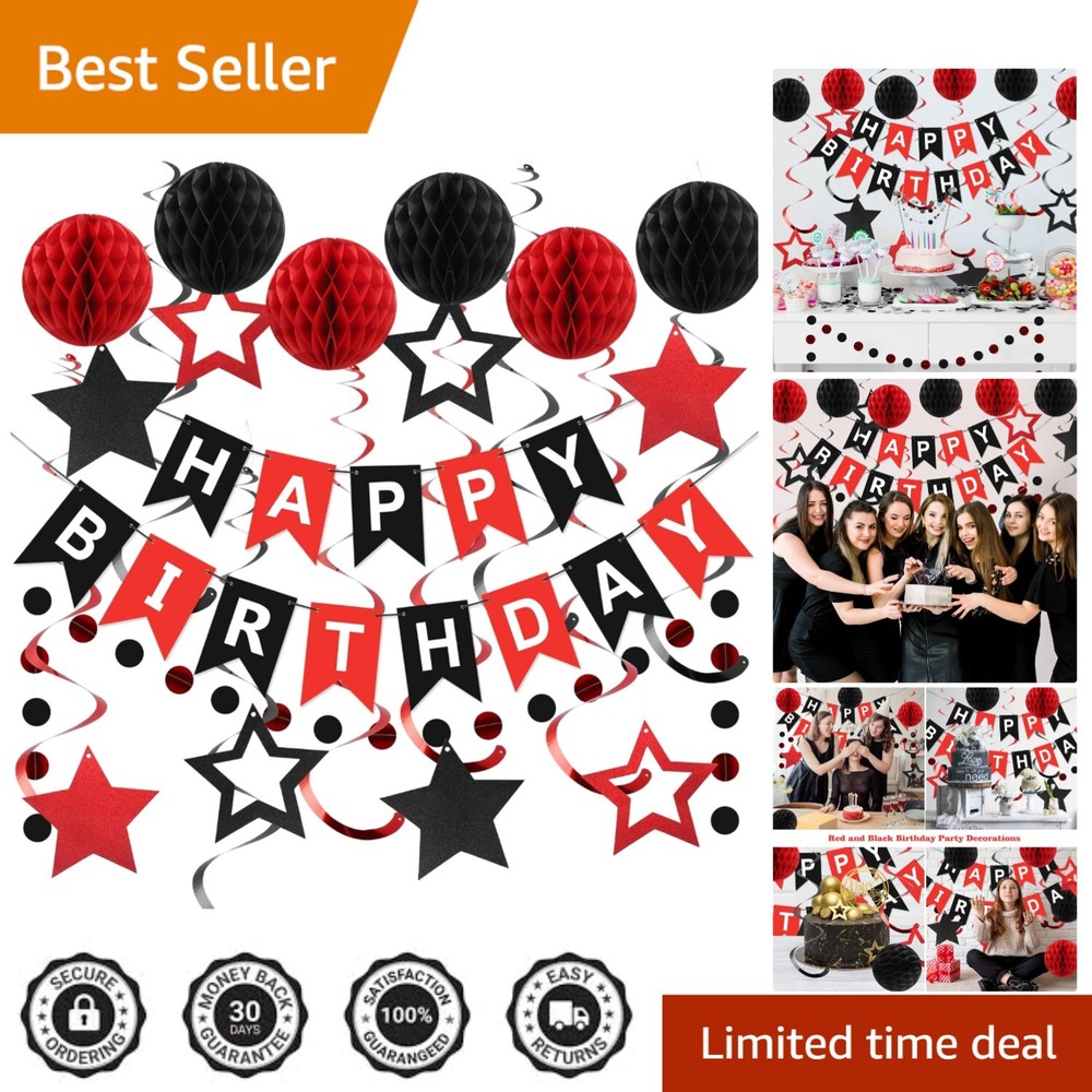 Complete Red and Black Happy Birthday Decoration Set – Durable and Reusable