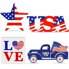 4th of July Decor Patriotic Decorations 4Pcs Wooden Star USA LOVE Car Sign Fo…