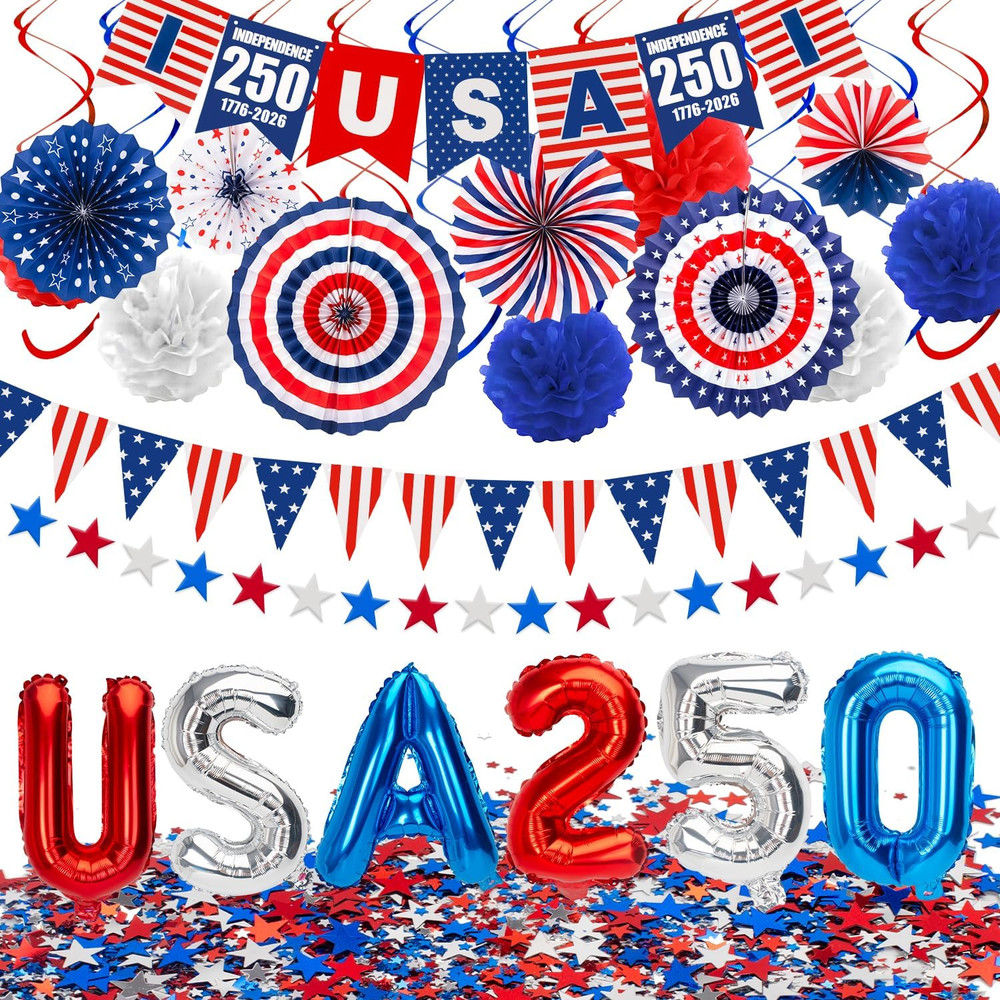 34Pcs 4th of July Decorations Set 250th Patriotic Banner USA Flag String Pape…