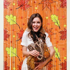 2 Pack Orange Maple Leaf Foil Fringe Curtains, 3.3×6.6 ft Fall Photo Backdrop