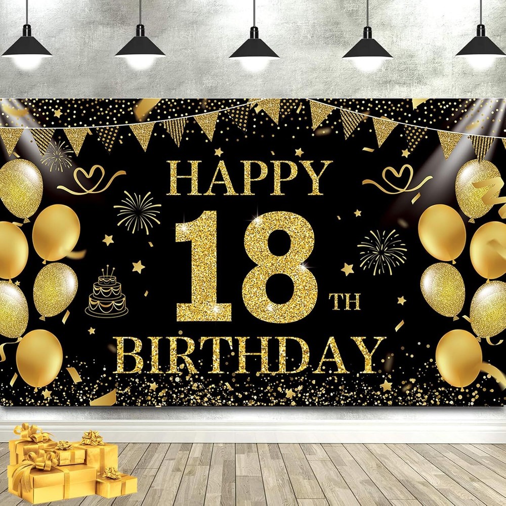 Black Gold Happy 18th Birthday Backdrop Banner 18th Photography Background Bi…