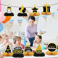 9 Pieces Birthday Table Decorations, Black and Gold Happy Birthday Honeycomb Cen