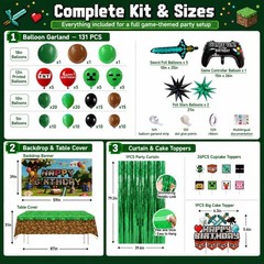 Pixel Game Birthday Party Supplies Kit – 131 Pcs Balloons, Backdrop, Table Cover