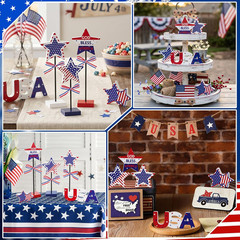 5Pcs 4Th of July Table Decorations Wooden Star Set, Patriotic Memorial Day Table
