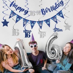 Blue Silver 16th Birthday Decorations for Boys Girls, Happy
