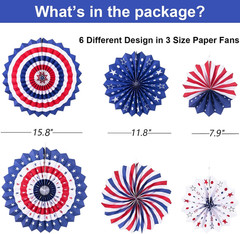 9PCS 4Th Of July Decorations Red White And Blue Paper Fans USA Pennant Bunting