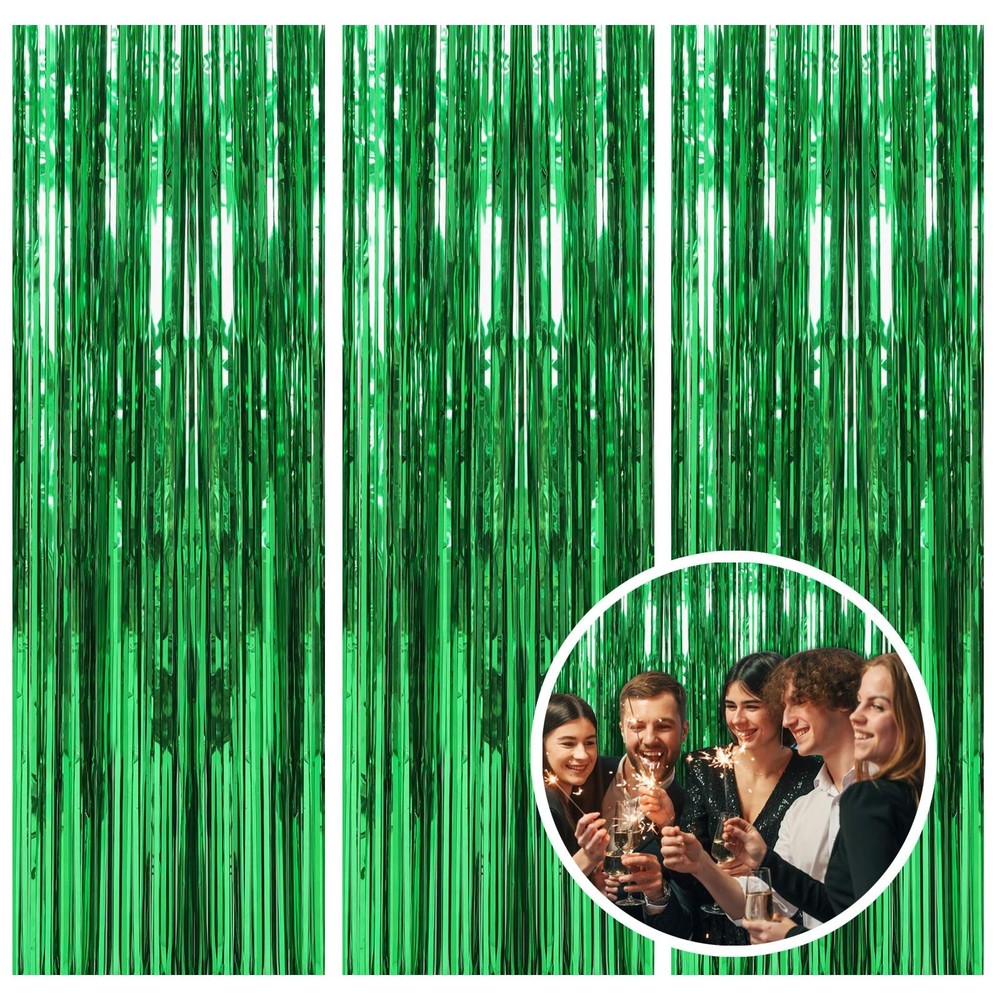 3 Pack Green Backdrop Tinsel Curtain Party Streamers 4.72 ft x 9.44 ft,