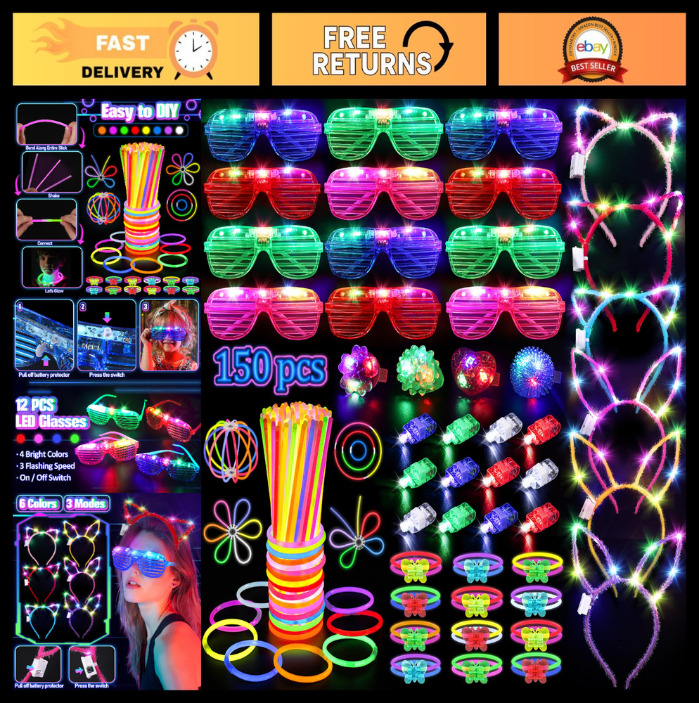 150PCS Glow in the Dark Party Supplies – Light Up Glasses, Necklaces, Bracelets