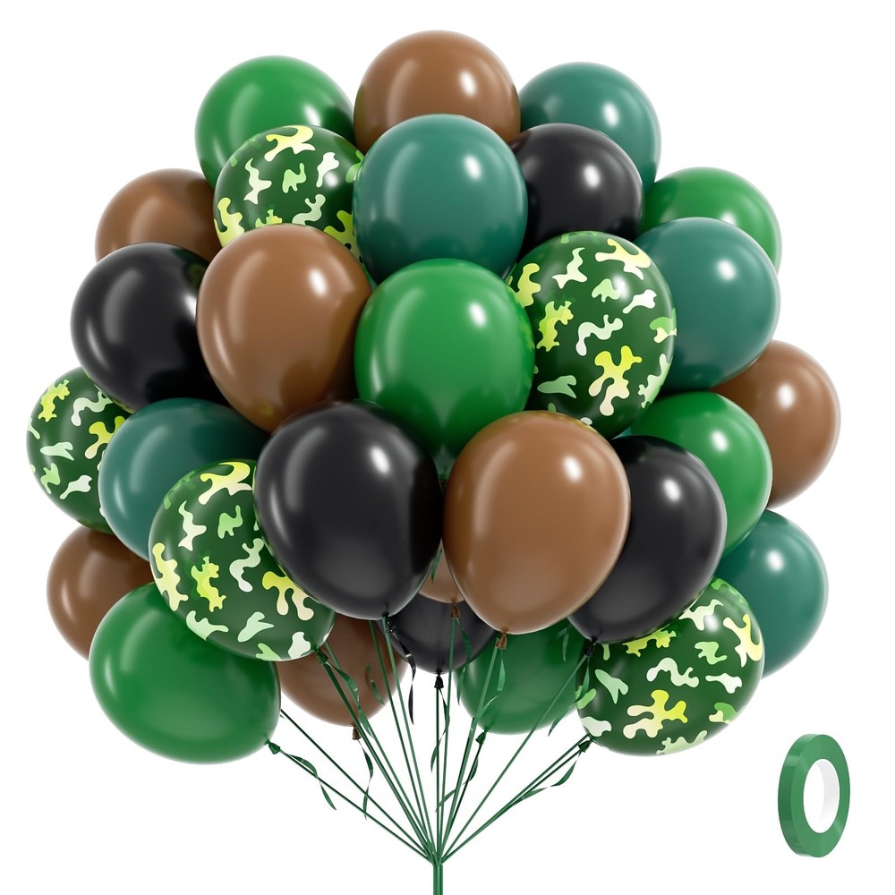 60pcs 12inch Camo Balloons, Green and Brown balloons with Dark Green Black Ba…