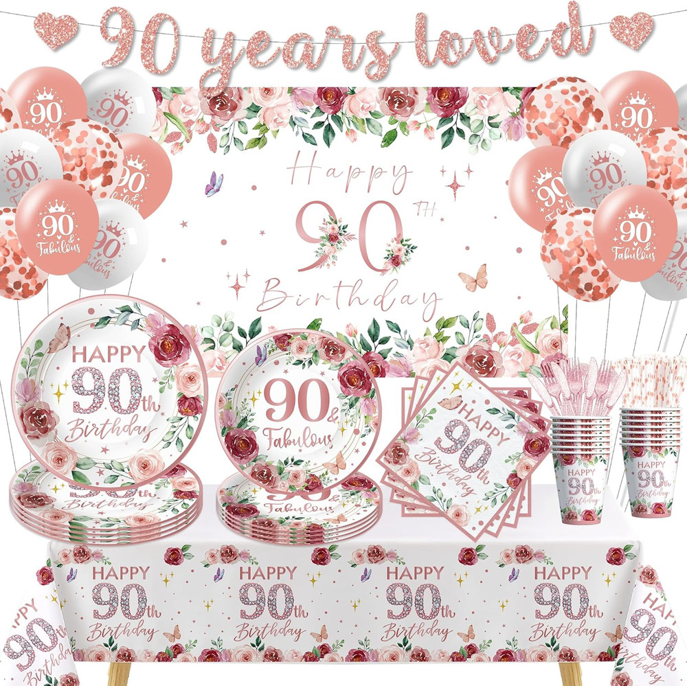 Rose Gold 90th Birthday Decorations for Women – Fabulous Celebration Set