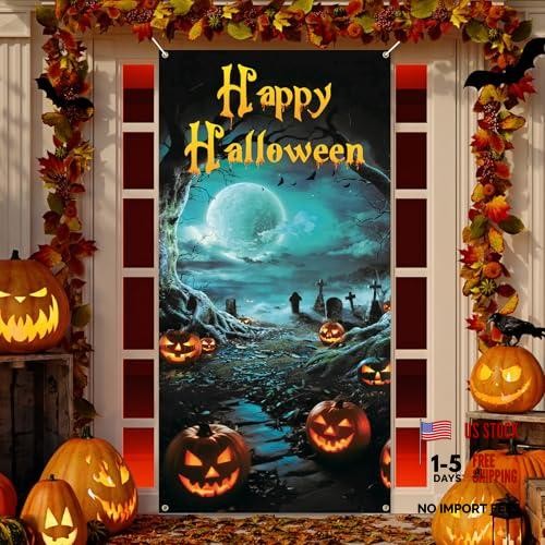 Large Halloween Door Cover Decorations 6×2.9 Ft Scary Horror Pumpkins Moon