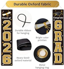 Graduation Decorations 2026 – Gold & Black Congrats Grad Banner, Indoor/Outdoor