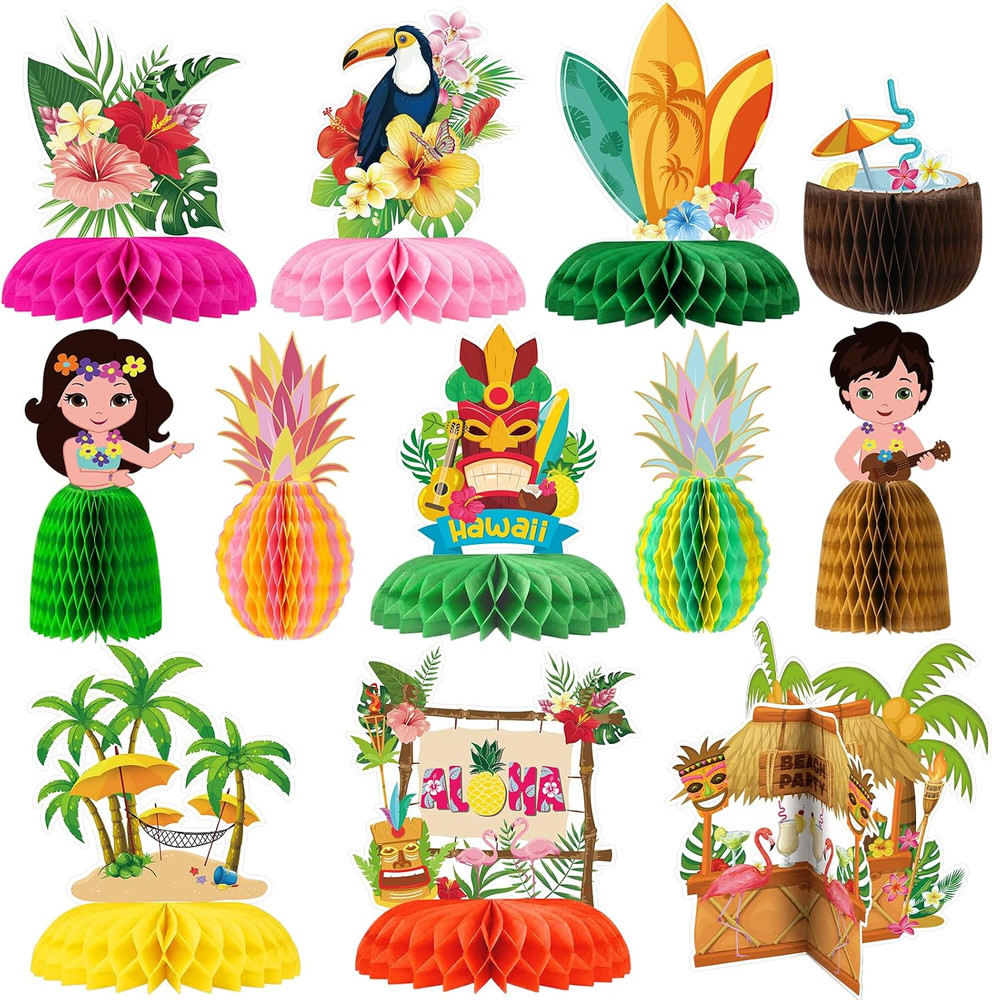 12Pcs Hawaiian Luau Party Table Decorations – Double Sided Tropical Aloha Flamin