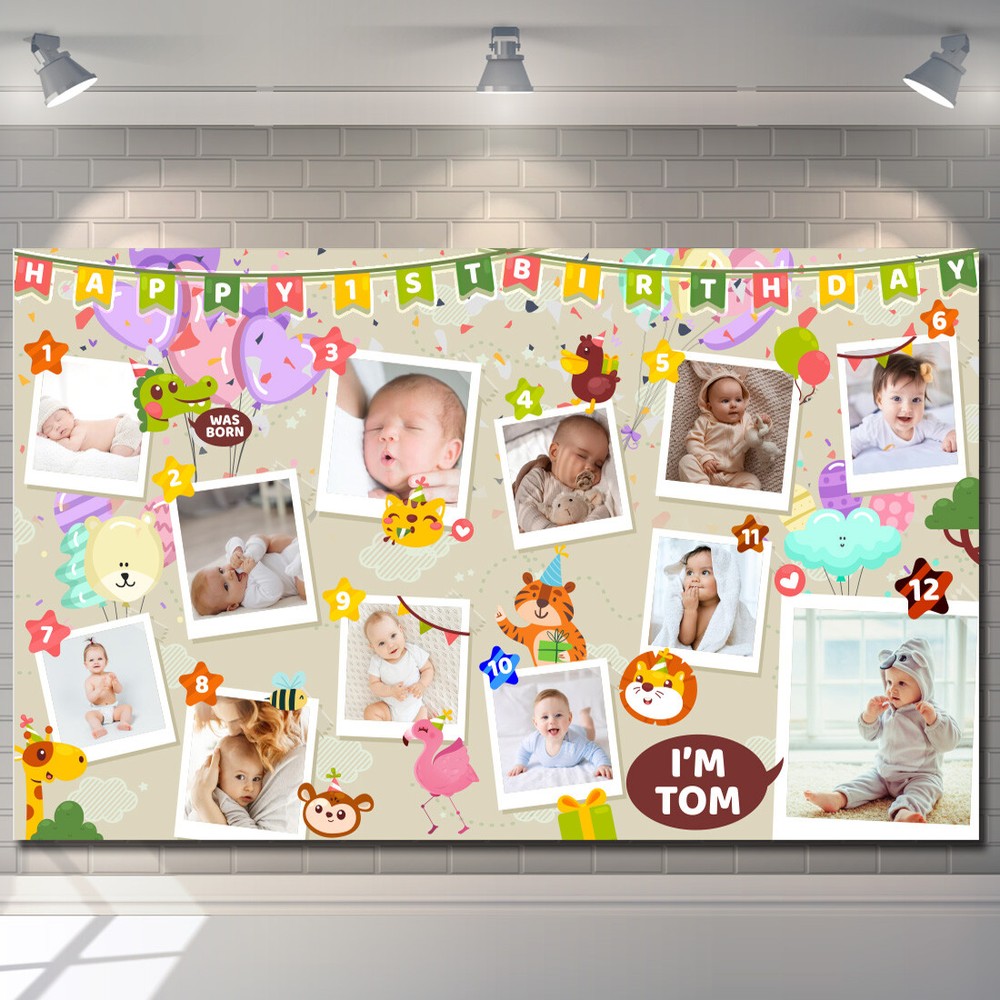 Monthly milestone 1st birthday baby photo party banner backdrop balloon animal