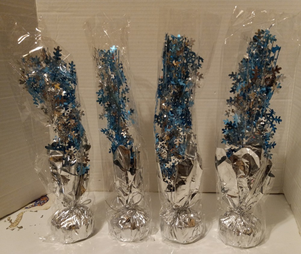 NOB set of 4 snowflake gleam N burst snowflakes blue & silver centerpieces decor