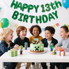 Green Pixel Birthday Banner, Pre-strung Minecraft Party Banner Video Game 13th