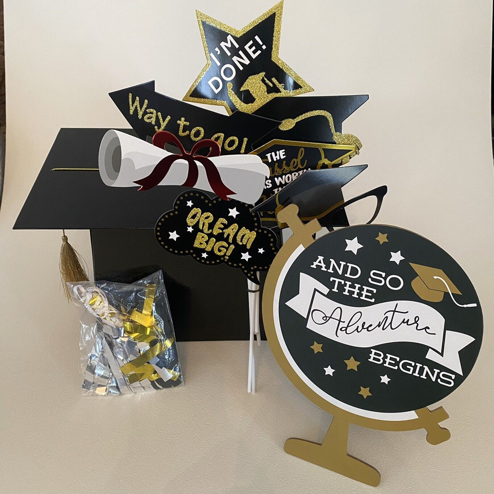 Spritz Graduation Card Box Black with Gold Tassel Photo Props Table Party Decor