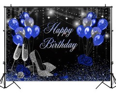 Mocsicka Birthday Backdrop for Women Silver 7x5ft (82×60 inch), Blue,Silver